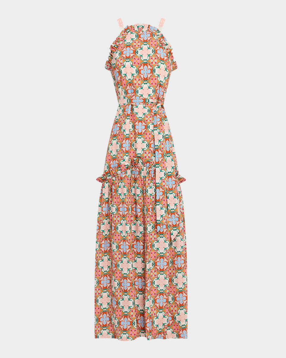 Keenan Tile-Print Ruffle Halter Maxi Dress